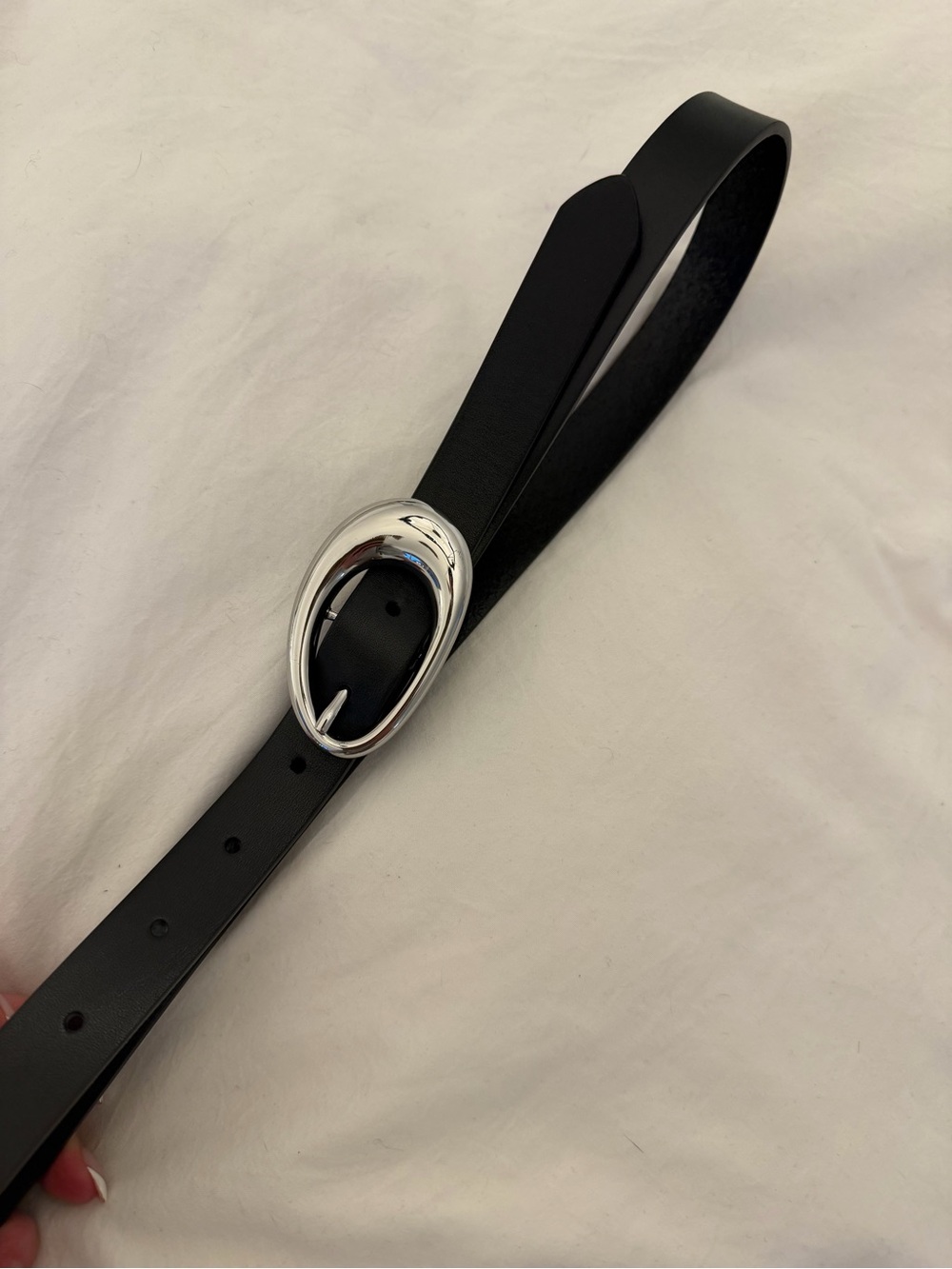 Aritzia Black Leather Belt with Shiny Silver Oval Buckle